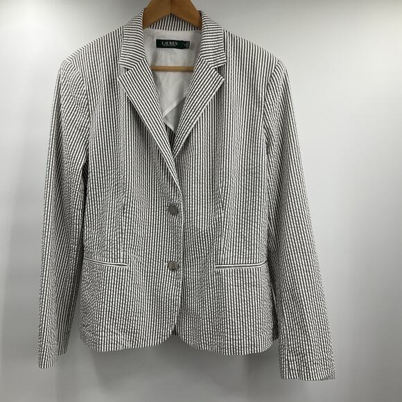 Ralph Lauren Striped Cotton Blazer Jacket Seersucker XL Size 16 Stretch - Picture 10 of 12